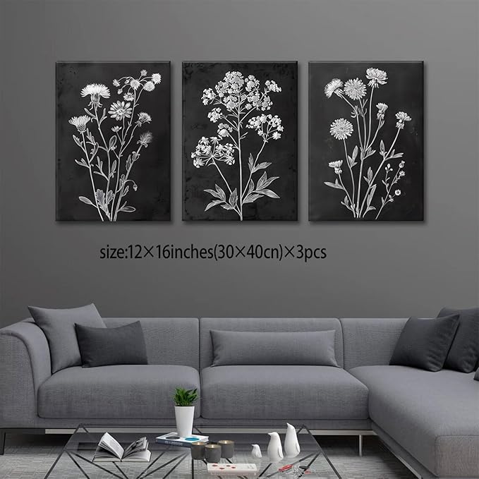 KISSFOX Floral Botanical Canvas Wall Art Vintage Black Background Plant Poster Prints Set of 3 Framed Grey and White Wildflower Painting Modern Farmhouse Decor Pictures Living Room Bathroom Bedroom(Black Floral, 12"x16" Canvas)