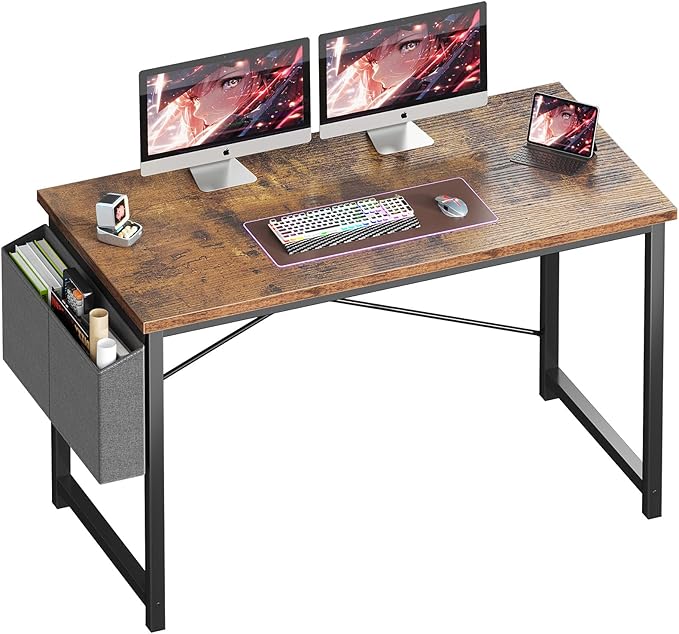 OLIXIS Computer Desk 47 Inch Home Office Desks for Small Spaces, Gaming Writing Study Work Table with Storage Bag for Bedroom, Rustic Brown
