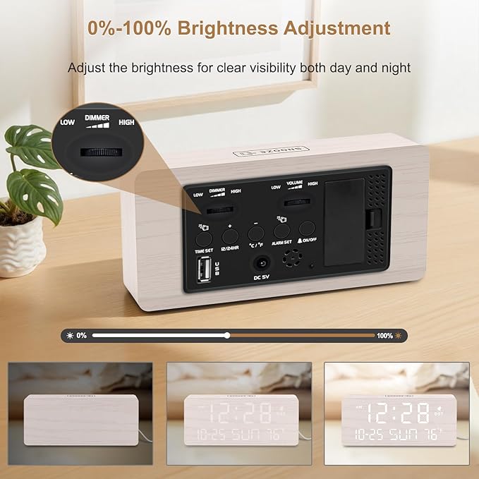 DreamSky Wooden Digital Alarm Clocks for Bedrooms - Living Room Desk Clock with Date and Day of Week, Temperature, USB Port, Dimmer Wheel, Adjustable Volume, Auto DST, Wood Decor for Office Table