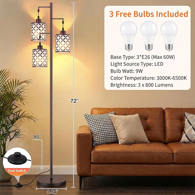New Upgraded 72" Tall Dimmable Floor Lamp, 3 x 800LM 9W LED Bulbs Included, Farmhouse Standing Lamp with Remote Control, Industrial Tree Pole Floor Lamps for Living Room, Bedroom, Study Room - Brown