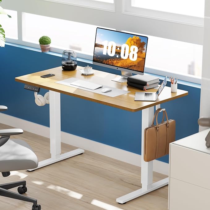 Sweetcrispy Electric Standing Desk Adjustable Height, 40x24 Inch Sit Stand Up Home Office Desks Computer Workstation PC Work Table with 3 Memory Preset Splice Wood Board Metal Frame, Oak