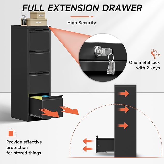 4 Drawer File Cabinet,Metal Vertical File Storage Cabinet with Lock,Filing Cabinets for Home Office,A4 Legal/Letter-Assembly Required/Black