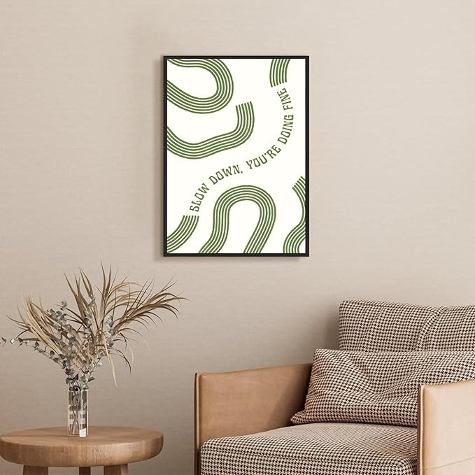 Slow Down You’re Doing Fine Wall Art Retro Minimalist Motivational Quote Music Poster Inspirational Midcentury Song Lyrics Sage Green Canvas Prints for Bedroom Home Decor 12x16inch Aluminum Framed