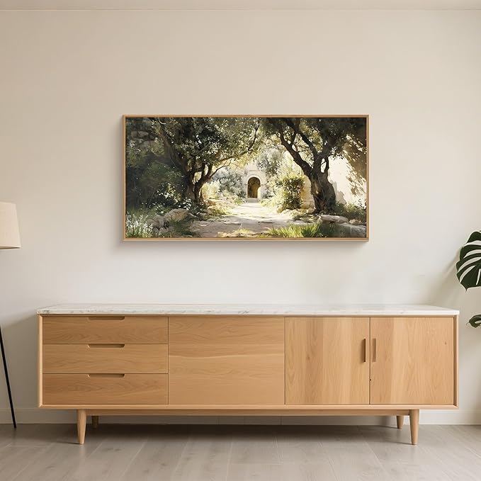 Ausril Garden of Gethsemane Landscape Framed Canvas Wall Art, Jerusalem Town Villages Scenery Prints, Jesus Boho Religious Decor, Christian Bible Art Painting for Bedroom Living Room Office 20"x40"