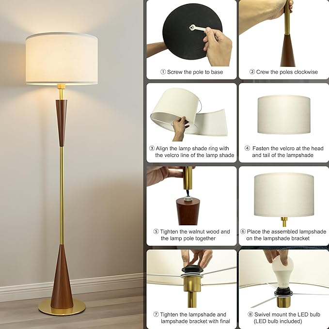 Floor Lamp for Living Room, Wood 3 Color Temperatures & Linen Shade, Modern Reading Standing Lamp with 9W LED Bulb, Mid Century Night Light for Farmhouse, Bedroom, Office, Bronze