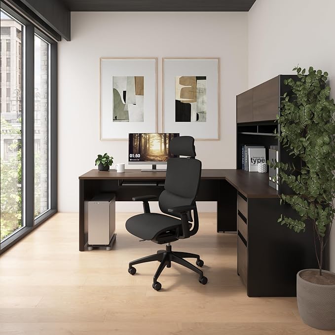Bestar L Shaped Desk with Drawers, Hutch, and Keyboard Tray, Executive Workstation for Home or Professional Office, 72 Inches, Connexion Collection, Antigua and Black