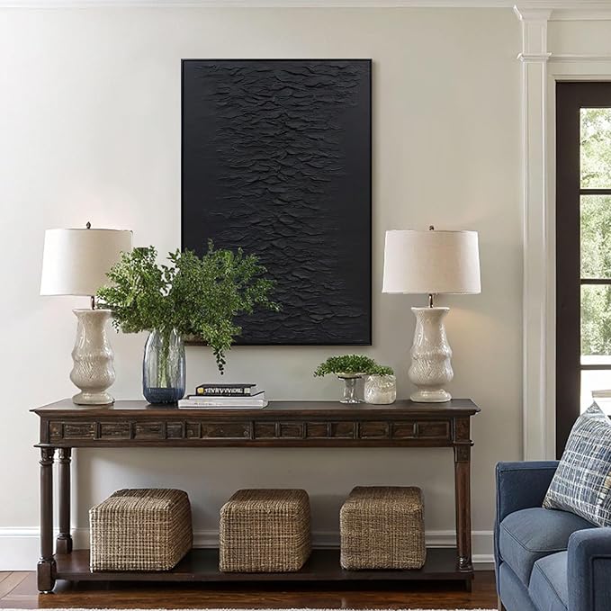 Zessonic Hand-Painted Thick Textured 3D Abstract Wall Art Large Black Texture Minimalist Wall Art - 3D Contemporary Dimensional Home Office Living Room Modern Wall Decor Framed - 24"x36"