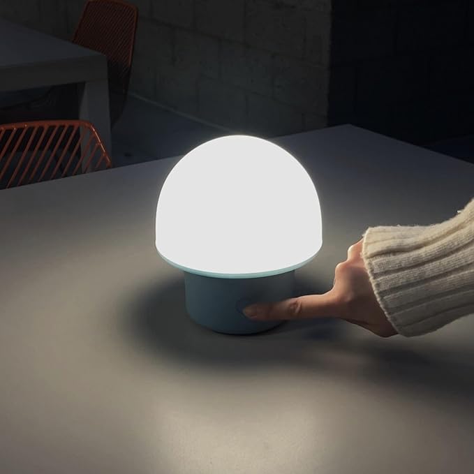 Brightech Portobello Cordless 7" Touch Table Lamp - Small Dimmable Outdoor Mushroom Light for Camping & Side Tables - Modern Rechargeable Portable Bedside Light for Desk Bedroom, Nightstand - Blue