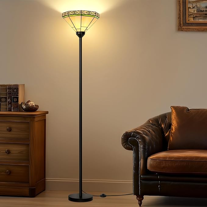 Floor Lamp with Stained Glass Shade, Vintage Style Torchiere Standing Lamp, Tall Pole Lamp with Foot Switch, Mid Century Modern Decorative Corner Light for Living Room Bedroom Home Office(E26 Base)