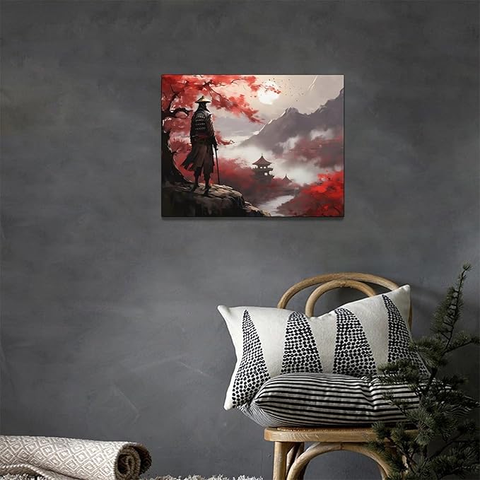 yerretin Japanese Bushido Wall Art Samurai Pictures Wall Decor Ancient Japan Warrior Canvas Landscape Painting Home Decoration Artwork for Bathroom Bedroom Living Room Office Framed 16"x12"