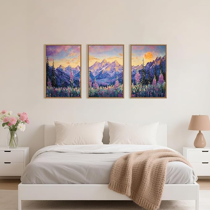 HOURIA Vintage Purple Mountain Landscape Framed Canvas Wall Art Set,Watercolor Boho Floral Tree Wall Decor,Modern Natural Soft Sunlight Field Artwork for Living Room, Bedroom,Farmhouse-24 x36 x3