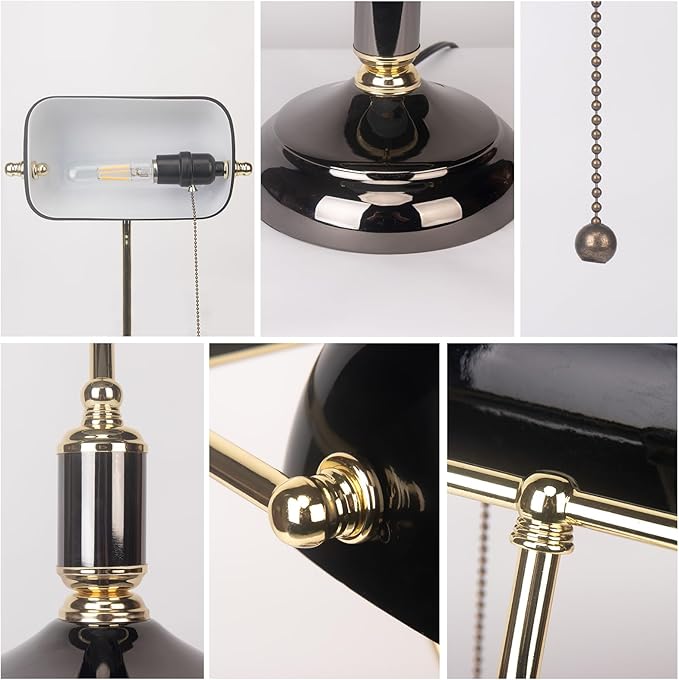 FIRVRE Bankers Desk Lamp with Pull Chain Switch Plug in Fixture, Black Glass Shade Desk Lamps, Golden and Black E26 Base, Traditional Library Lamp for Office,Piano,Study Room