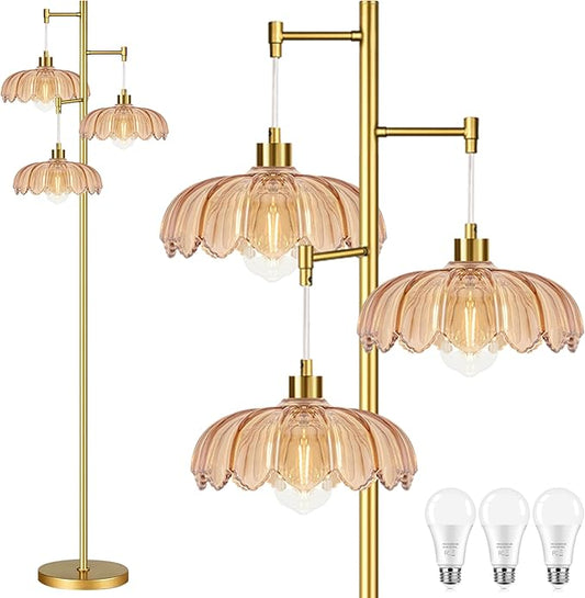 Glass Floor Lamp for Living Room,Bedroom,Gold Mid Century Modern Standing Lamp Brass Tree 3 Light Tall Floor Lamps Vintage Retro Floor Lights Flower Lamp Shade Farmhouse Boho Bohemian