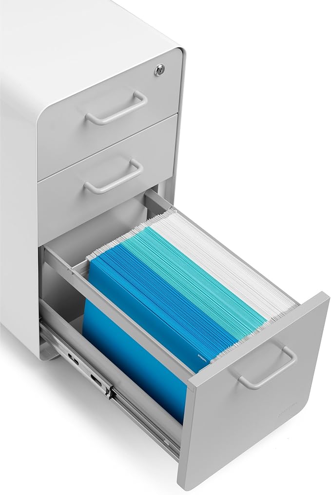 Poppin White + Gray Slim Stow 3-Drawer Rolling File Cabinet, One Lock Secures All Drawers, Durable Powder-Coated Steel Construction, Stay Organized and Keep Documents Safe, 12.5" x 20" x 25"