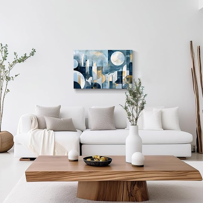 gaosoul Modern Abstract Canvas Wall Art Blue Artistic Cityscape Geometry Paintings Framed Minimalism Stylish Artwork Prints for Living Room Bedroom Office Decor 30x20in