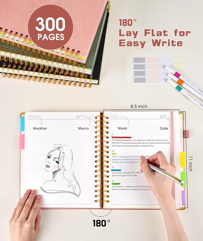Hardcover Spiral Notebook 8.5"x11" Journal with Removable Dividers Tabs, 300 Pages Leather 5 Subject Notebook College Ruled, Large Notebooks for Work School, Lined Journal for Women, A4 Rose Gold