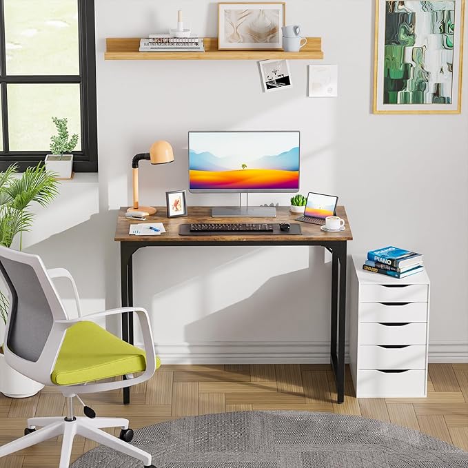 PayLessHere | 39 Inch Computer Desk | Brown | Office Desk with Metal Frame, Adjustable Feet | Water-Resistant, Scratchproof Surface | Sturdy Writing Table for Home Office or Study | Pack of 1