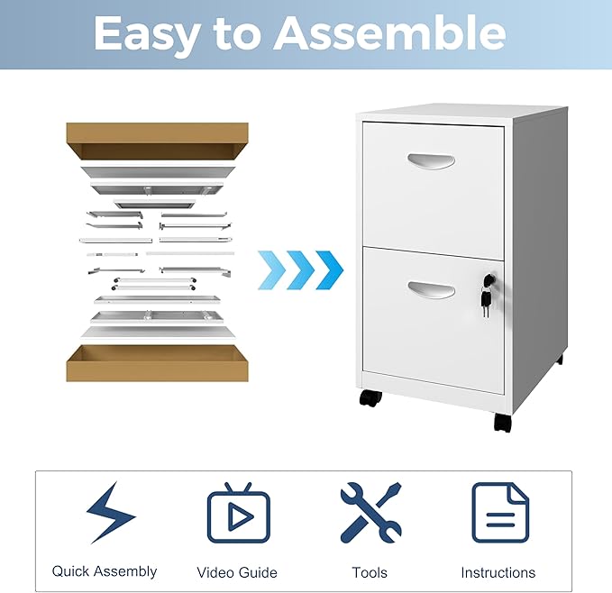 2 Drawer File Cabinet with Lock, Filing Cabinets with Wheels, Rolling File Cabinets for Home Office, Metal Office File Cabinet, for Holding Letters and File Boxes, Assembly Required, White