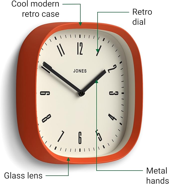 JONES CLOCKS® Marvel Wall Clock | Modern Retro Rounded Square Clock | 10 inch | Orange | Cool Designer Look for Kitchen, Living Room or Office