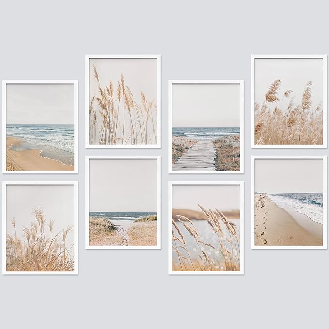 SIGNWIN Framed Poster Wall Art Set of Coastal, Beach Ocean Nature Landscape Prints, Pampas Grass for Living Room, Bedroom, Office - 11"x14"x 8 White