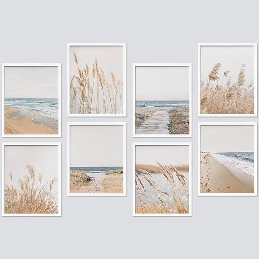 SIGNWIN Framed Poster Wall Art Set of Coastal, Beach Ocean Nature Landscape Prints, Pampas Grass for Living Room, Bedroom, Office - 11"x14"x 8 White