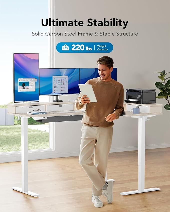 HUANUO 65″ L-Shaped Standing Desk with Power Outlets & LED Strip, Electric Height Adjustable Corner Computer Desk, Sit Stand Up Desk with 3 Drawers, Natural Wood