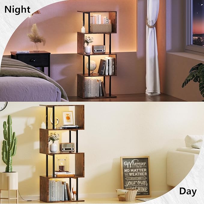 Furologee 5 Tier Geometric Bookshelf with LED Light, Small S-Shaped Bookcase, Industrial Display Standing Shelf, Metal Wooden Decorative Storage Shelves for Bedroom, Living Room, Office, Rustic Brown