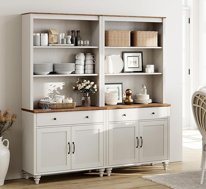 WAMPAT White 5 Tier Bookcase 72" Tall Bookshelf with Barn Doors, Farmhouse Large Display Book Shelf with 2 Drawers and Storage Cabinet, Morden Library Wood Bookshelves for Living Room,Kitchen, (2PCS)