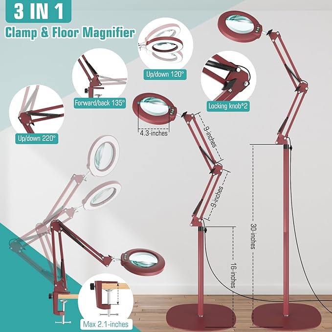 10X Magnifying Glass with Light and Stand, Real Glass Lens (Not Acrylic), 5 Color Modes, Stepless Dimmable, LED 3-in-1 Floor Lamp, Swing Arm with Clamp, Lighted Magnifier Hands Free for Crafts - Red