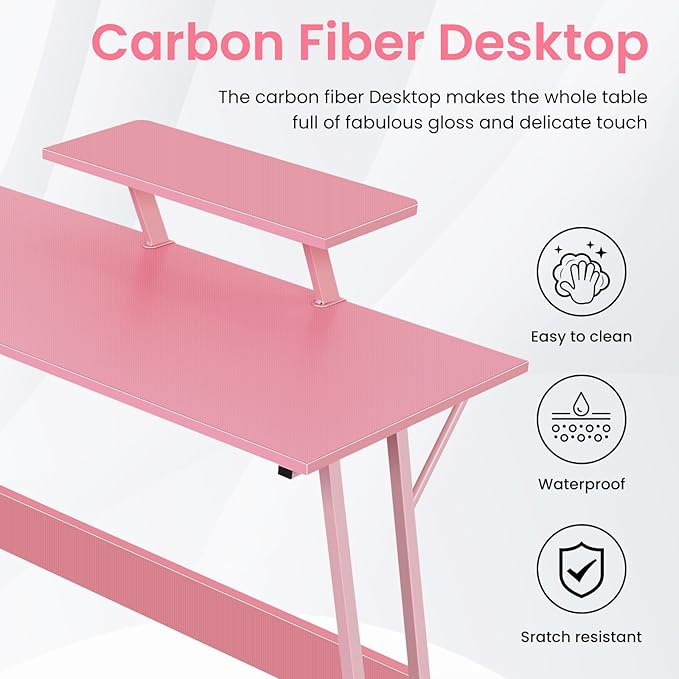 L Shaped Gaming Desk, 50 Inch Corner Desk, Office Computer Desk with Large Monitor Stand for Home Office Sturdy Writing Workstation, Easy to Assemble, Pink
