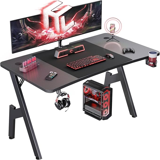 HLDIRECT 47 Inch Gaming Desk, Large Computer Gaming Desk Table with Cable Management, Ergonomic Carbon Fiber Gamer Table Pc Work Home Office Desks with Cup Holder & Headphone Hook & Mouse Pad, Black