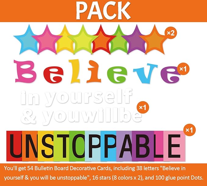 54 Pcs Believe in Yourself Bulletin Board Decorations Stylish Star Inspirational Quotes Bulletin Cutouts Wall Decals with Glue Point Dots for School Classroom Home Teacher Supplies