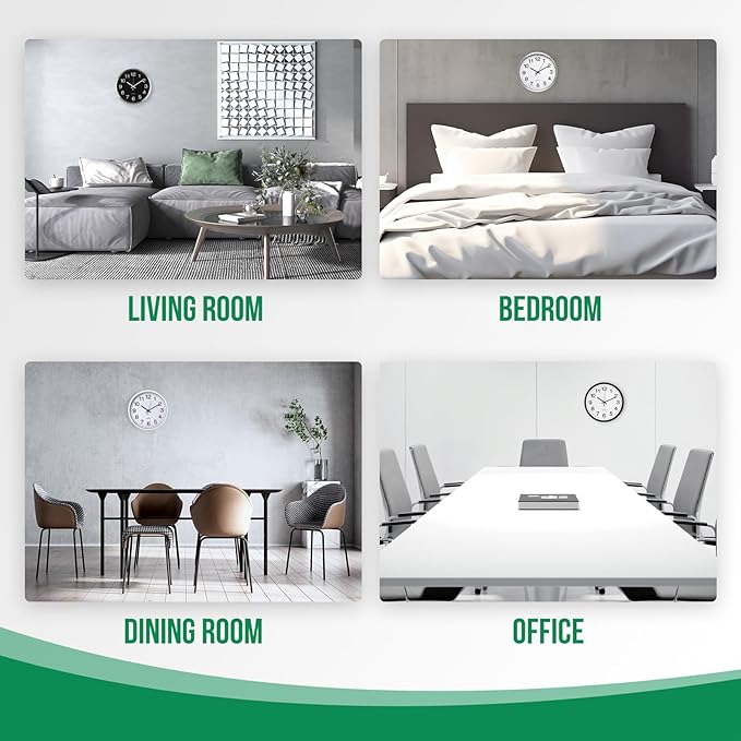 Wall Clock 12 Inch Metal Finish Silent Non Ticking Indoor Clock Round Battery Operated Stainless Steel Wall Clocks for Home, Office, Living Room (Black-Silver Brushed Finish, 12 Inch)