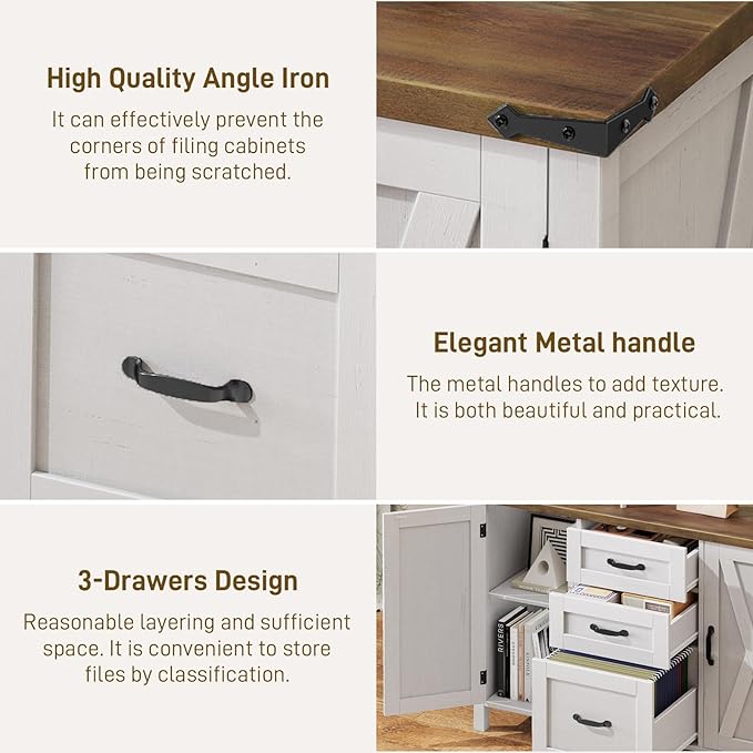 Farmhouse File Cabinet with Doors, Lateral Filing Cabinet with 3 Drawers for Letter/A4 Size Hanging Files, Large Wooden Printer Stand with Adjustable Shelves for Home Office, Rustic White