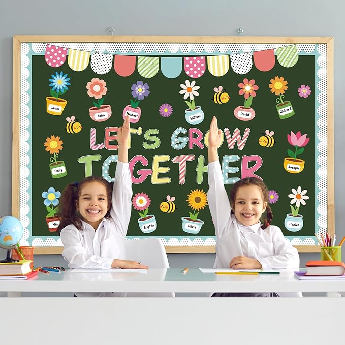 Pajean Spring Bulletin Board Let's Grow Together Classroom Decorations Growth Potted Plant Flower Paper Cutouts for Wall Door Window Home Elementary Preschool Teacher Supplies