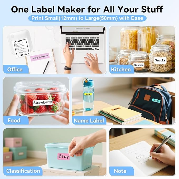 Label Maker Machine with Tape - Inkless Mini Bluetooth Label Printer with Multiple Templates, Wide Waterproof Labels, Portable Thermal Sticker Labeler for School Home Office Kitchen Organization