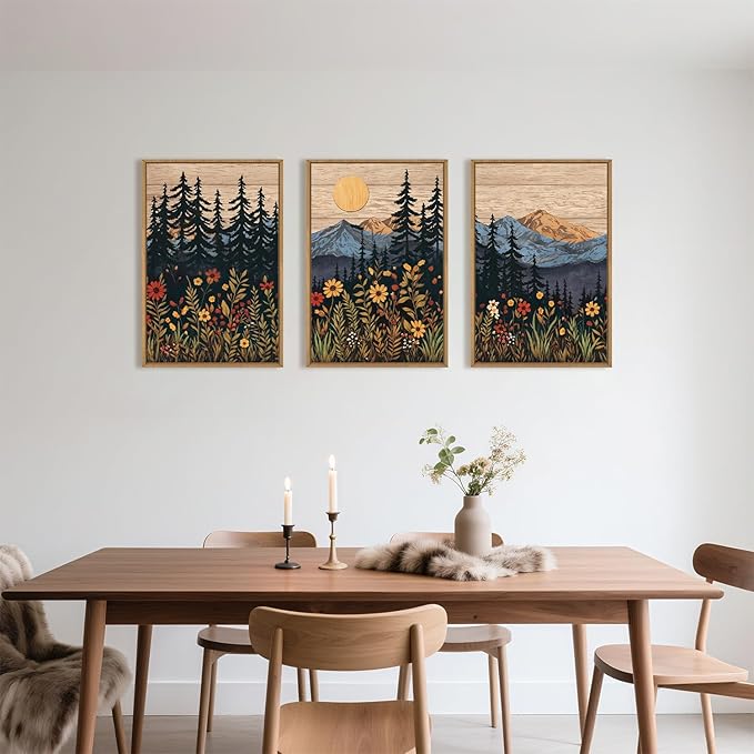 HOURIA Mid Century Woodland Mountain Framed Canvas Wall Art Set,Vintage Natural Sunset Wildflower Forest Field Decor,Wilderness Boho Floral Pine Tree Landscape Artwork for Living Room,Office-16"x24"x3