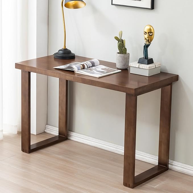 Solid Wood Desk, Wooden Computer Desk for Home Office, Gaming Study Desk for Small Spaces, Writing Work Desk for Bedroom,Easy Assembly (Walnut Color 47inch)