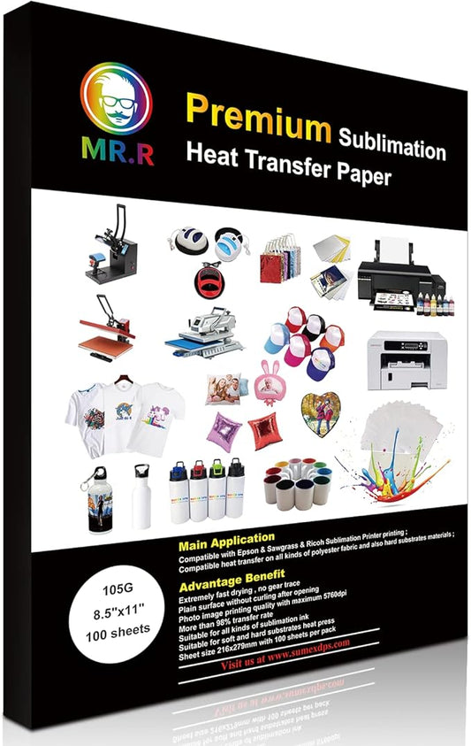 MR.R Premium Sublimation Heat Transfer Paper for Epson and Sawgrass,105gsm 8.5"x11" 100 sheets USA Letter Size per pack