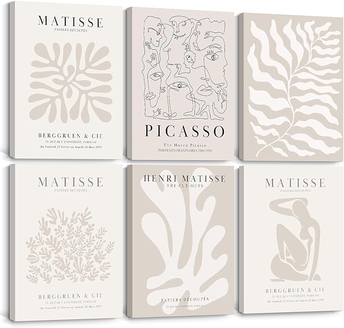 Henri Matisse Wall Art Prints Flower Abstract Canvas Pictures Aesthetic Beige Wall Art Decor Matisse Picasso Poster Gallery Vintage Painting Artwork for Bedroom 8x10 Inch Set of 6 Ready to Hang