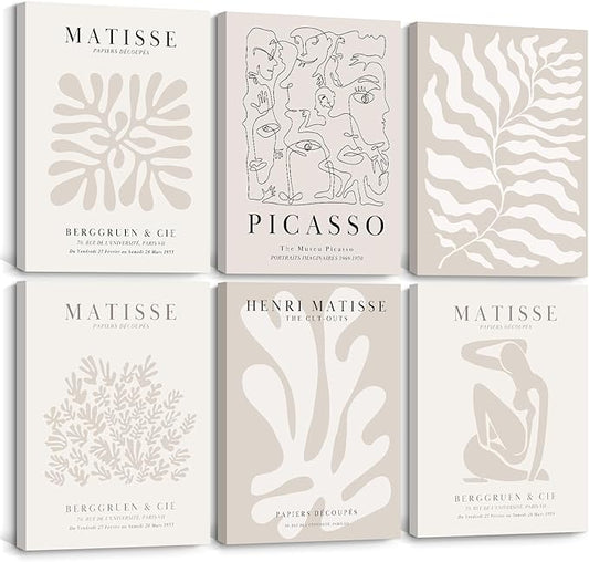 Henri Matisse Wall Art Prints Flower Abstract Canvas Pictures Aesthetic Beige Wall Art Decor Matisse Picasso Poster Gallery Vintage Painting Artwork for Bedroom 8x10 Inch Set of 6 Ready to Hang