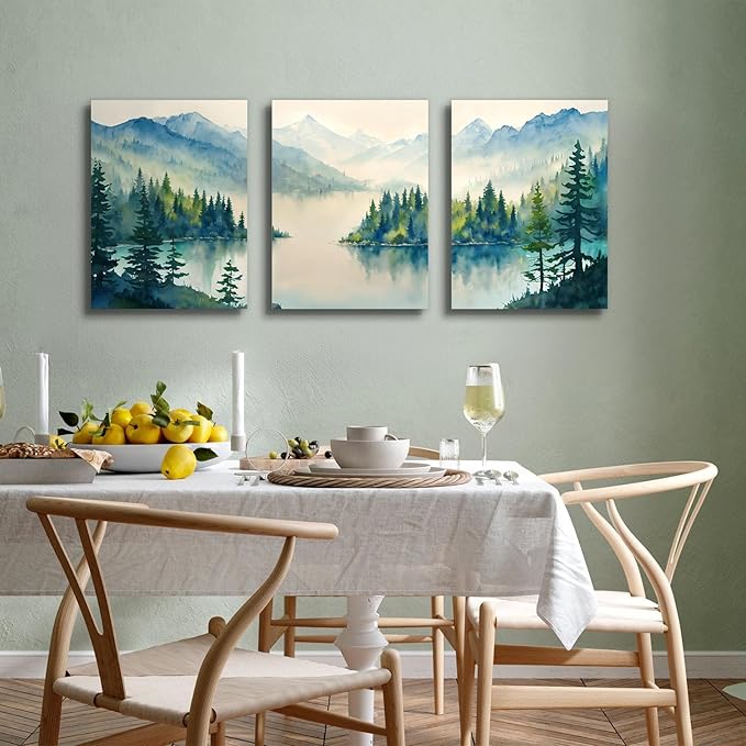 SERIMINO Nature Landscape Wall Art for Living Room, Green Forest Mountain Canvas Prints Paintings Room Decor, Lake Tree Cottagecore Modern Farmhouse Wall Decor Set of 3, 12"X16"