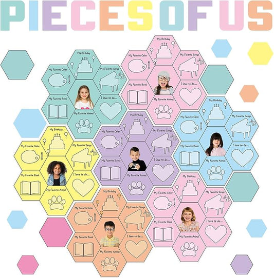 Hexagon Pieces Bulletin Board Set Pieces of Us Classroom Bulletin Board Decorations All About Me Cutouts Classroom Decorations for Back to School Office Home Chalkboard Decor Wall Door