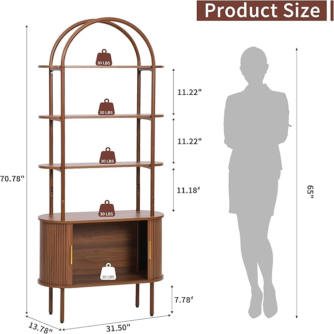 71" Tall Fluted Arched Bookshelf with Sliding Tambour Doors, Mid Century Modern Metal Curved Bookshelf Cabinet with Storage, 4-Tier Open Display Storage Shelf for Home Office, Living Room (Walnut)