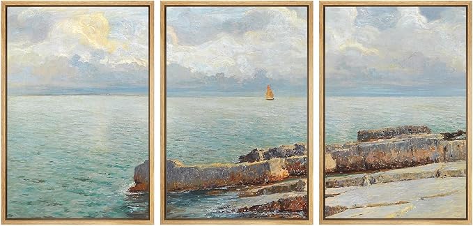 SIGNWIN Framed Canvas Print Wall Art Set Coastal Seascape Classic Ocean View with Sailboat and Rocky Shoreline Illustrations Modern Art Decorative for Living Room, Bedroom, Office - 16"x24"x3 Natural