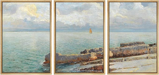 SIGNWIN Framed Canvas Print Wall Art Set Coastal Seascape Classic Ocean View with Sailboat and Rocky Shoreline Illustrations Modern Art Decorative for Living Room, Bedroom, Office - 16"x24"x3 Natural
