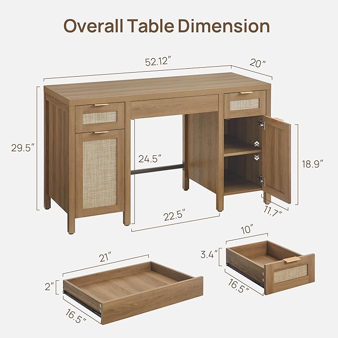 SICOTAS Home Office Desk with Storage - Rattan Executive Desk with Drawers and Cabinets, Farmhouse Boho Larger Computer Writing Table for Study, Office, Living Room, Oak (2 Pieces)