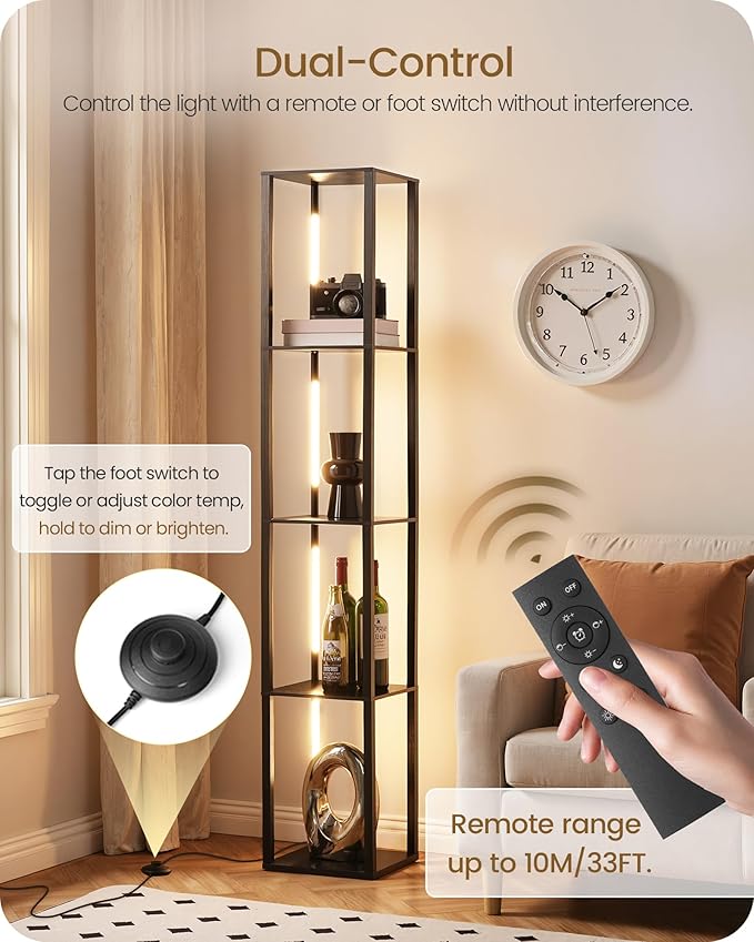 64.2" Display Shelf with Light, Modern Corner Floor Lamp with Shelves, LED Dimmable Standing Lamp with Remote for Living Room, Bedroom, Office, Adjustable CCT, Black Square B51LD05