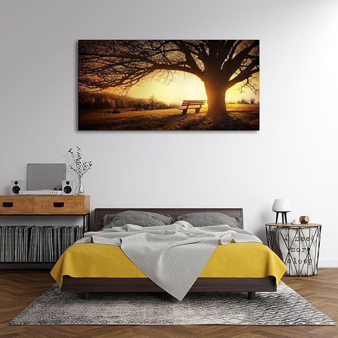 Muolunna Wall Art Decor Canvas Print Picture Big Trees in Sunset 1 Panel Golden Sunset Forest Natural Landscape Painting Artwork for Living Room Bedroom Office Home Wall Decor Framed Ready to Hang
