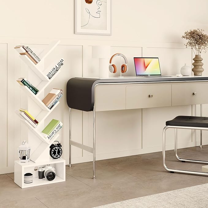 YMYNY 6 Tier Tree Bookshelf, Tall Bookcase, Wood Book Storage Rack with Drawer, Modern Floor Standing Book Shelf for Books/Movies/CDs, Utility Organizer for Living Room, Home Office, White UHBC016W